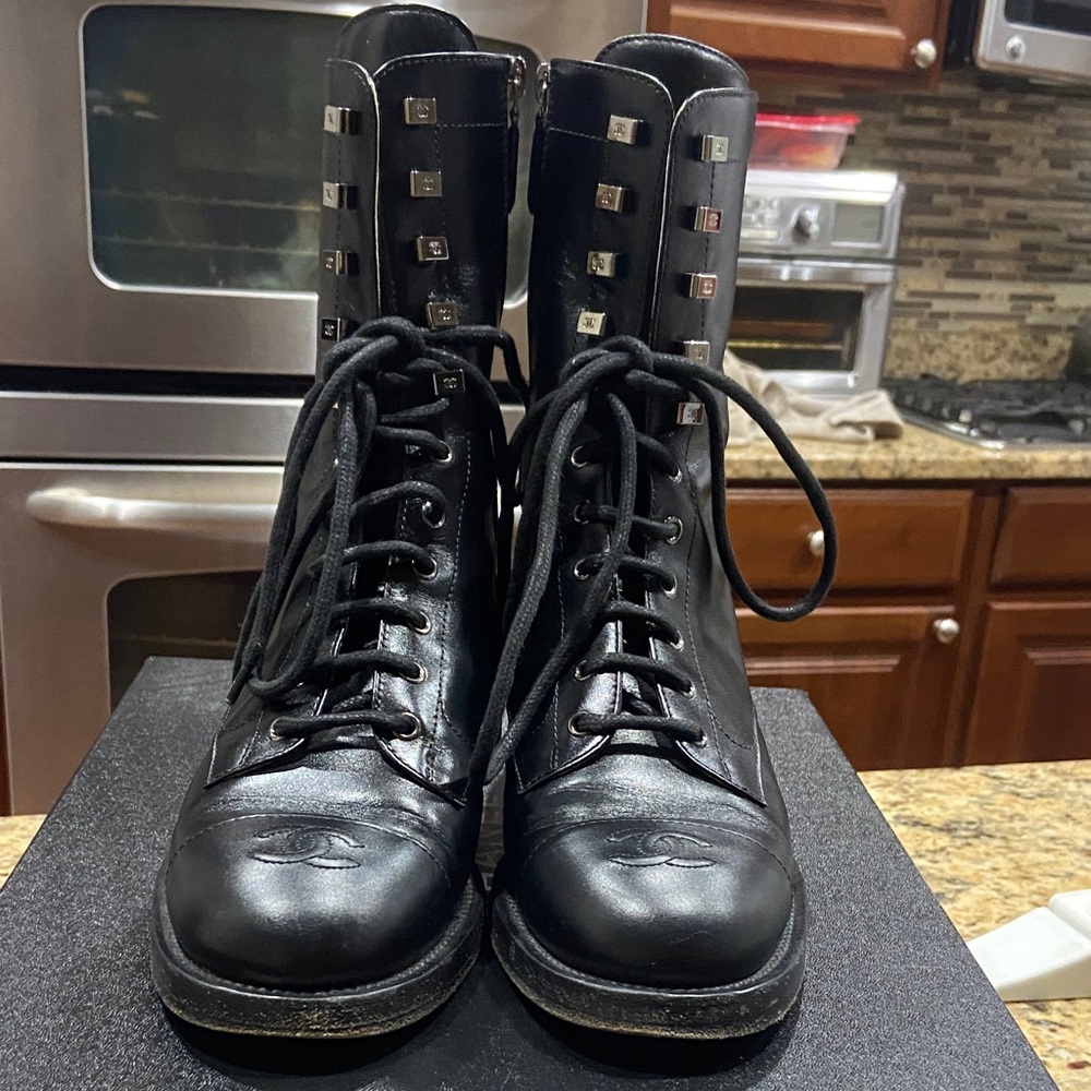 CHANEL Black Leather Moto Combat Boots